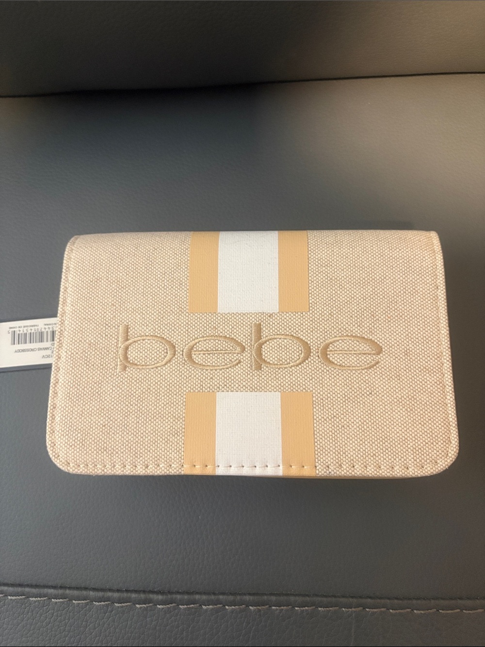 bebe Beige and White Canvas Shoulder Bag with Stripe Detail